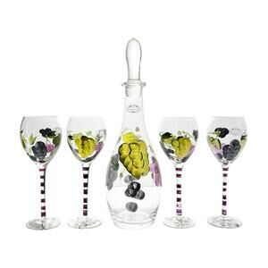 Home Essentials “Grape” 5-Piece Handpainted Glass Decanter & Wine Glass Set